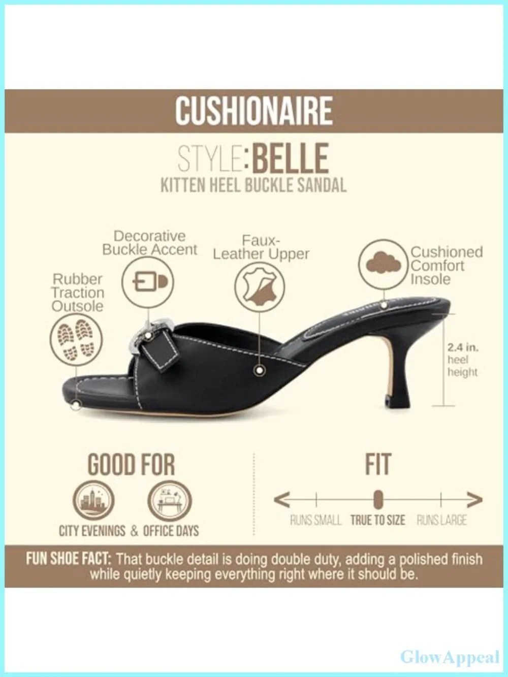 Cushioneaire Belle Kitten Heels Faux Leather Mule Sandals Buckle Accent Womens
